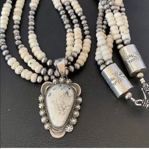 NAVAJO PEARLS STERLING SILVER WHITE BUFFALO TURQUOISE 3 STRAND NECKLACE PENDANT